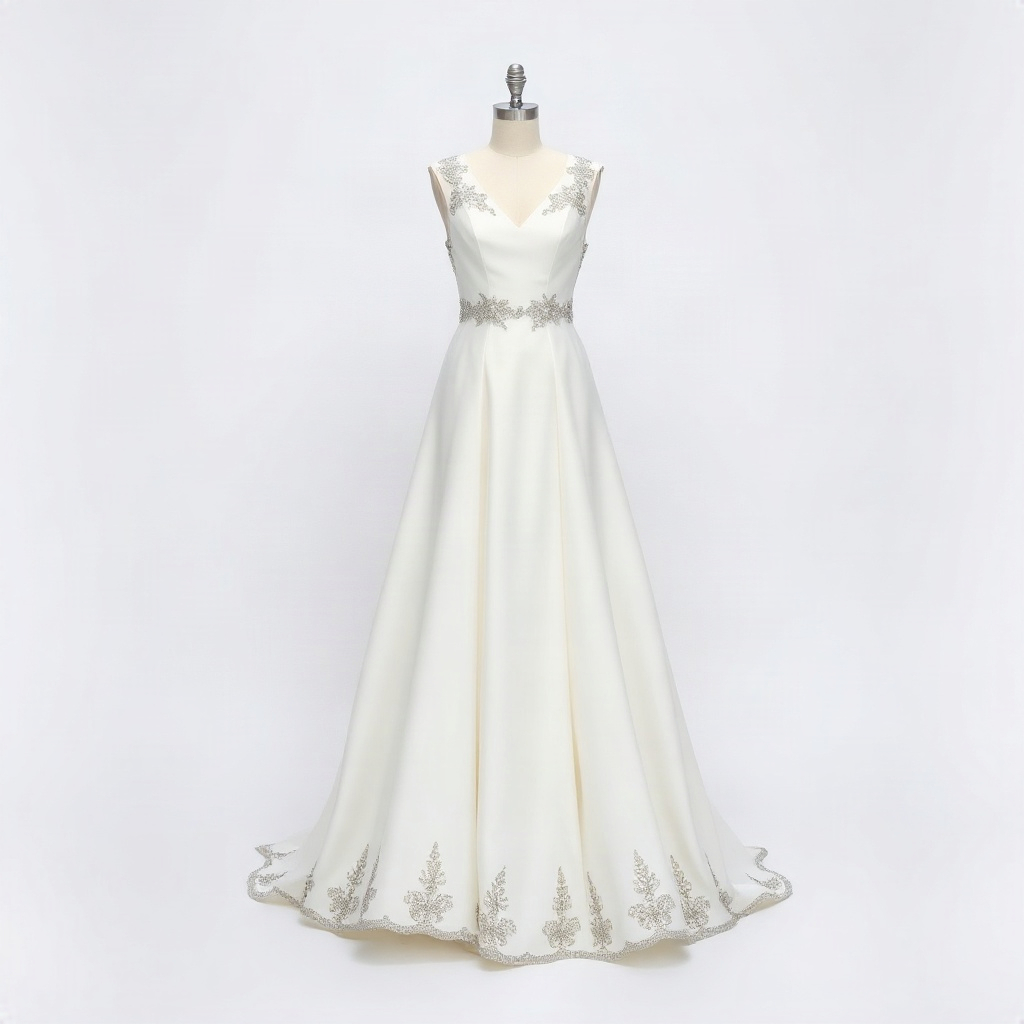 White wedding dress with silver floral beading from Oleg Cassini, five-year warranty, barcode label visible. Oleg Cassini® Wedding Dresses, Fashion, Fragrances
